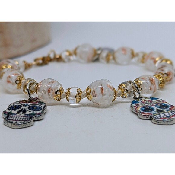 Day of the Dead Skull Charms Handcrafted Beaded Bracelet - Picture 2 of 3